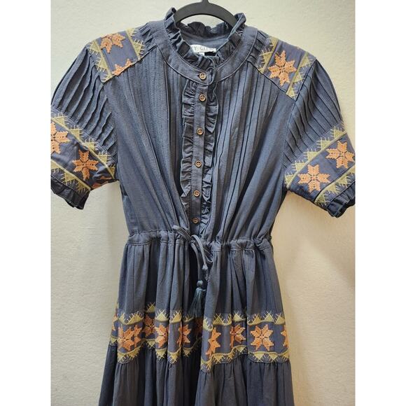 IVY CITY Co. Maxi Dress Short‎ Sleeve Embroidery 100% cotton Gray size M Boho - Picture 3 of 11